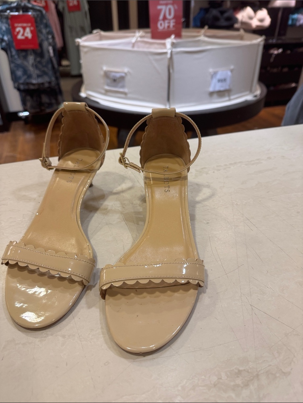 Talbots Patent Scalloped Ankle-Strap Sandals in Nude Beige
